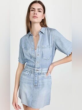 Rag & Bone‎ Miramar Dress Tulip Light Wash Denim Printed Shirt Dress Size L
